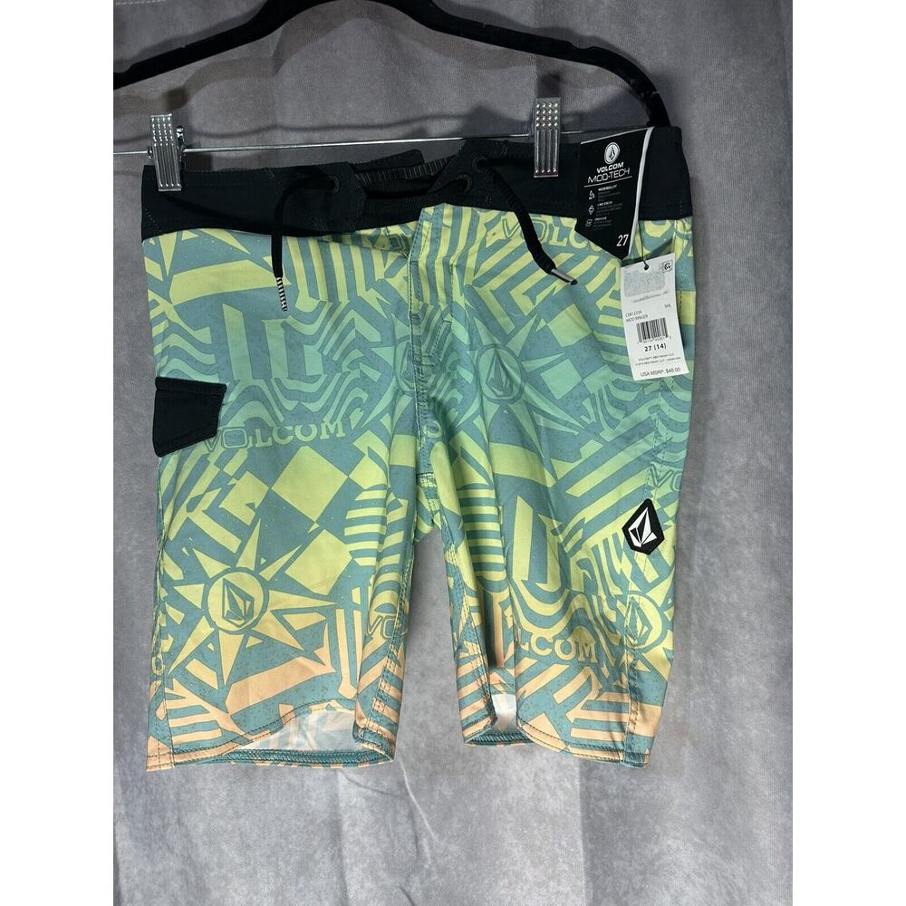 Volcom Boys Green Teal Yellow Geometric Swim Trunks
